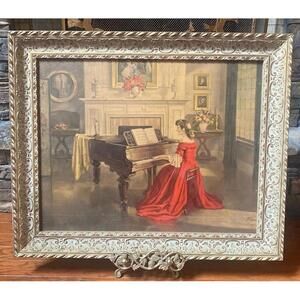 786 - Large Romantic Victorian Piano Scene Framed Print Woman in Red Dress 27x33